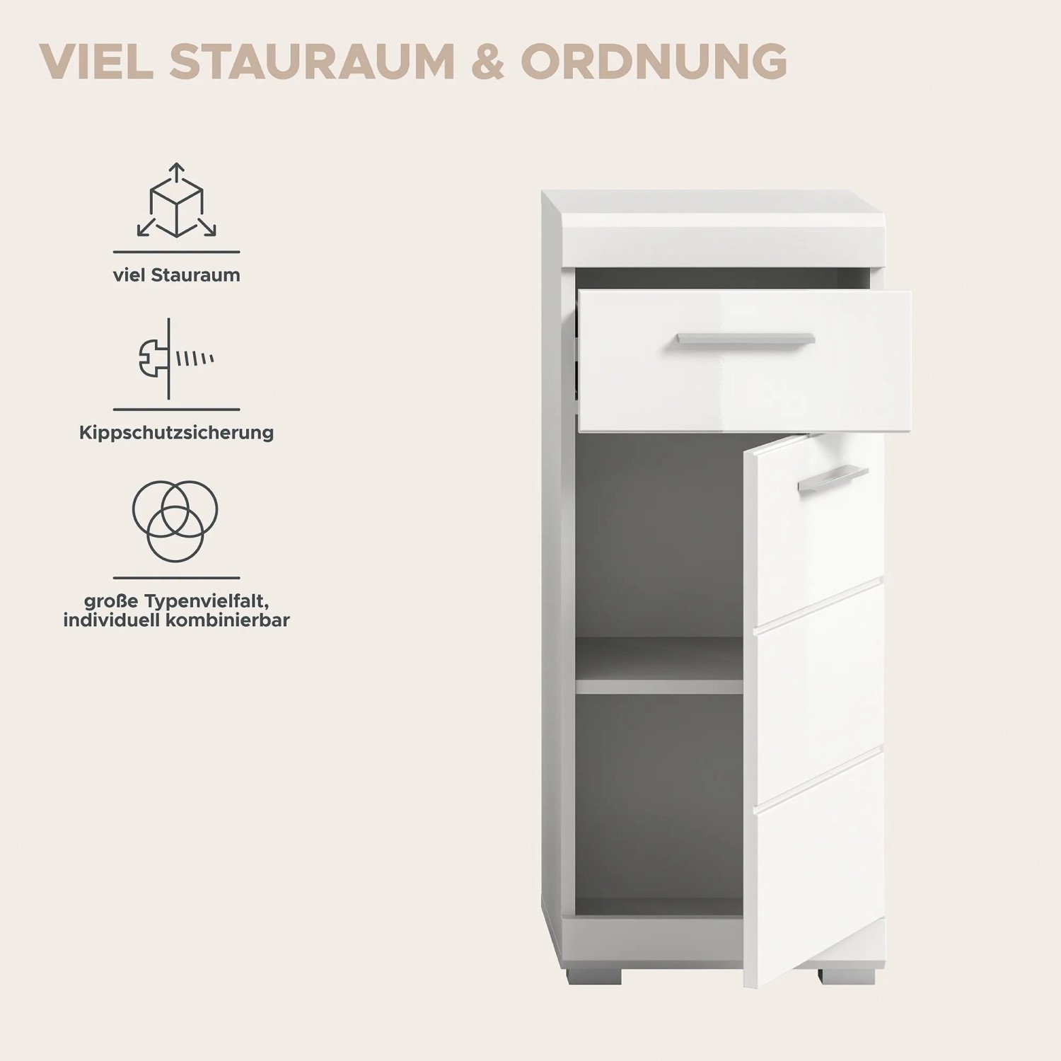 Weißer Hochglanz Bad-Standschrank (37x88x31cm) mit Schublade und Tür offen. Badmöbel für mehr Stauraum.