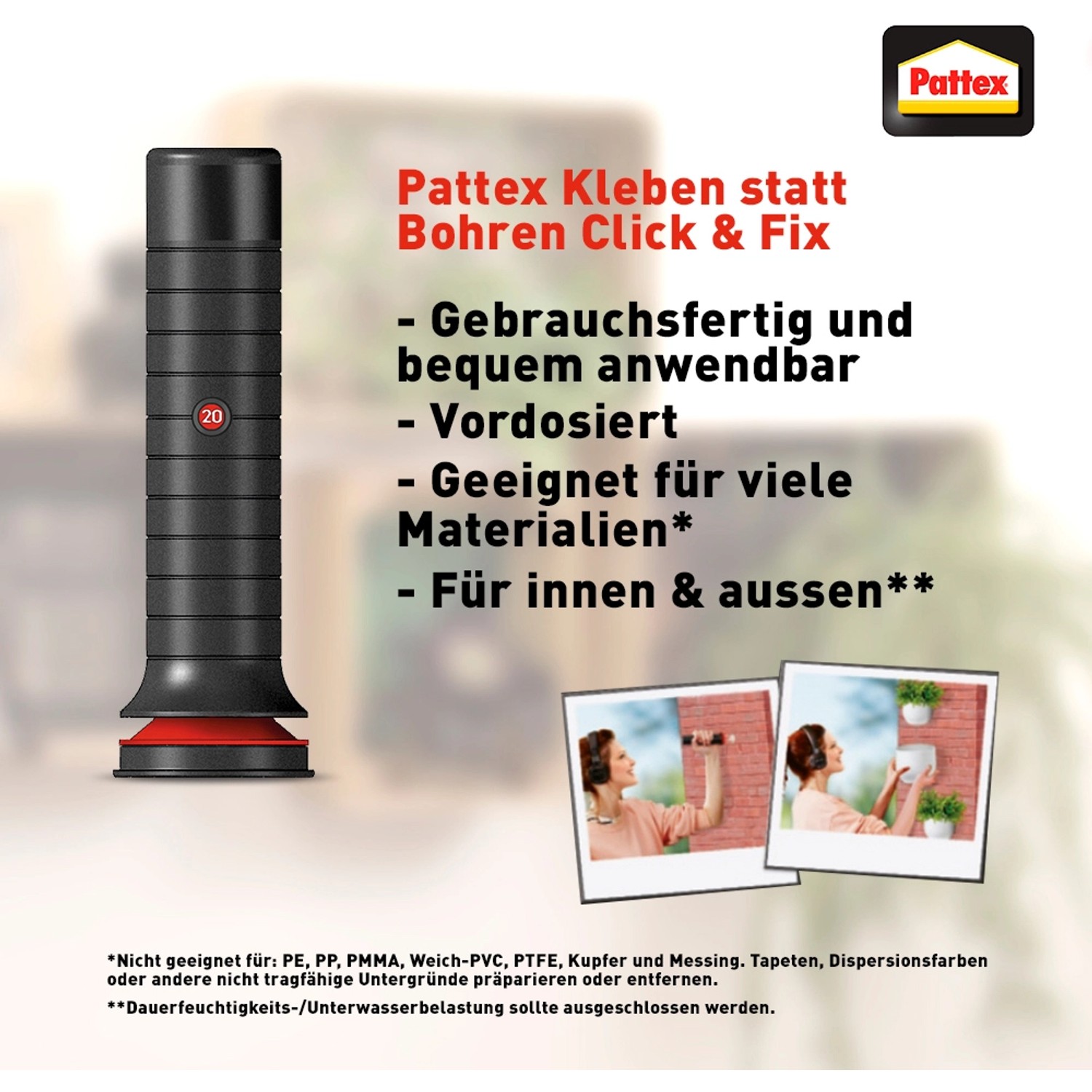 Pattex Montagekleber Click & Fix Stempel, 30g, Weiß. Kleben statt Bohren mit dem praktischen Klebestempel.