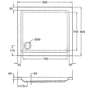 Technische Zeichnung: Ottofond Duschwanne Samos Quadrat, 90x90 cm, Maße und Details.
