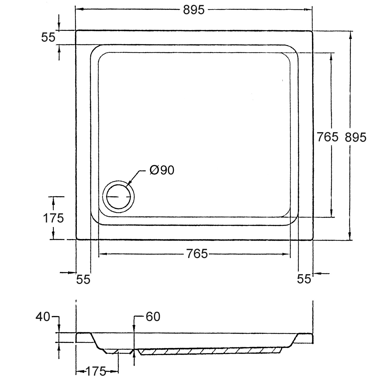 Technische Zeichnung: Ottofond Duschwanne Samos Quadrat, 90x90 cm, Maße und Details.