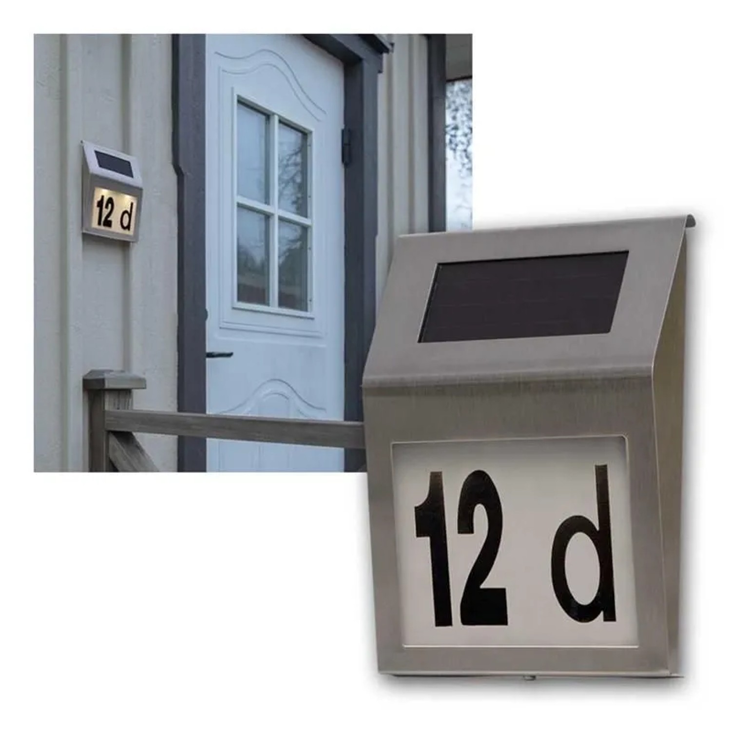 Solar Hausnummer-Leuchte aus gebürstetem Edelstahl mit warmweißem LED-Licht und Solarpanel, zeigt '12 d'.
