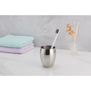 Bagnoxx Zahnputzbecher aus Edelstahl, rund, silberfarben, mit Zahnbürste. Badaccessoire.