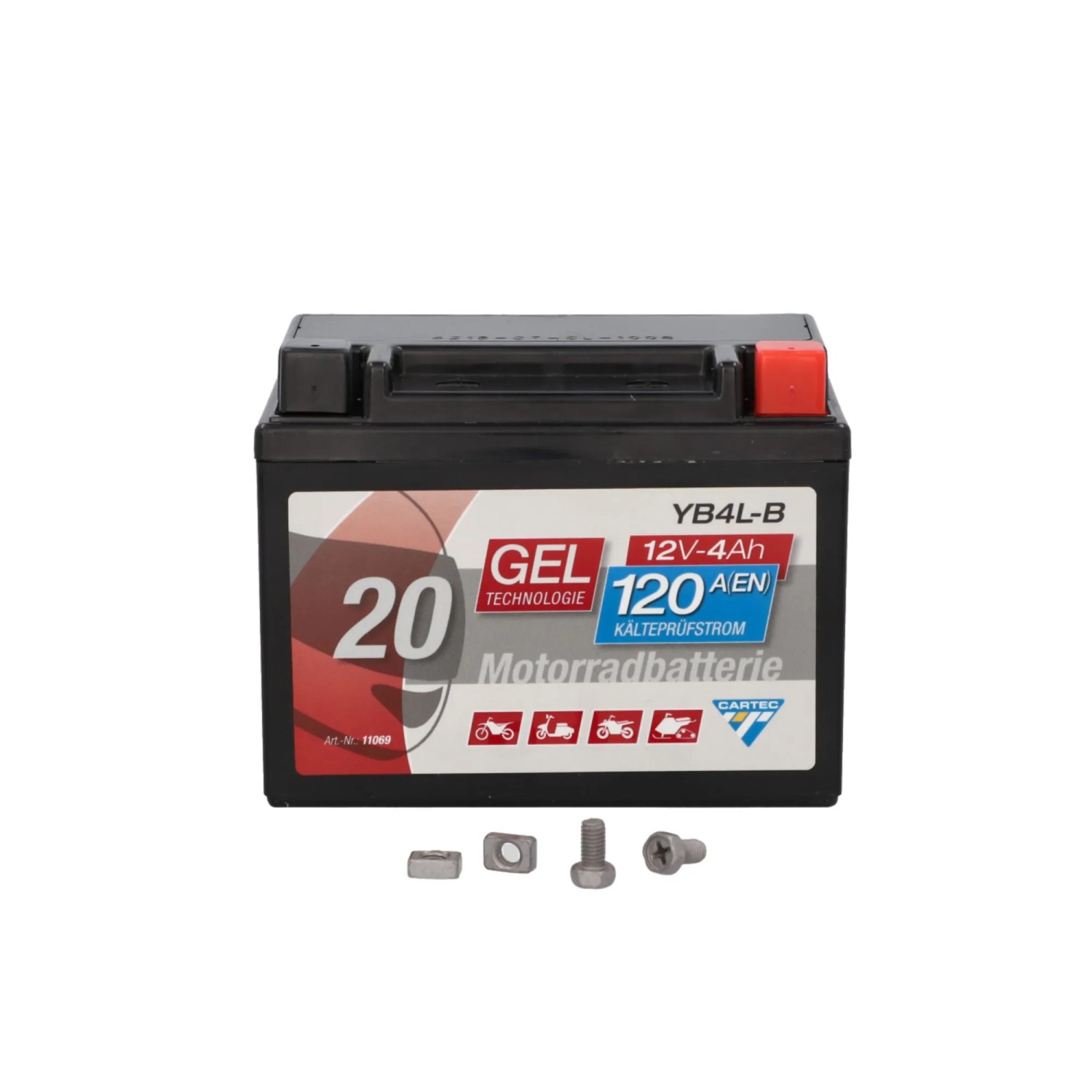 Cartec GEL Motorradbatterie YB4L-B 4Ah, 12V, 120A, wartungsfrei und auslaufsicher.