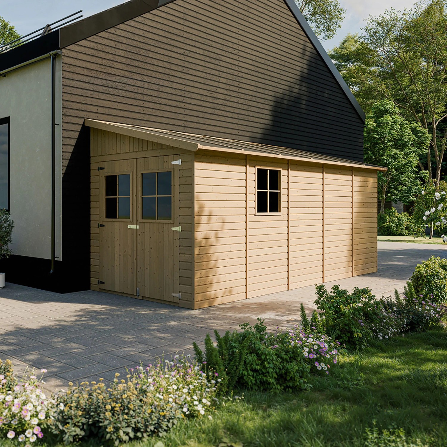 Timbela Anbau-Gartenhaus Holz M341A 10 m² mit Seitenwand ohne Boden günstig online kaufen