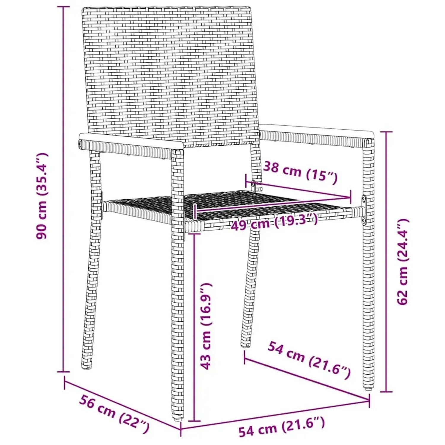 vidaXL Gartenstuhl, schwarz, Poly Rattan, Maße eingezeichnet, Teil der 5-tlg. Essgruppe.