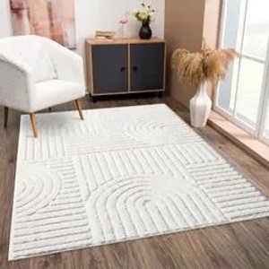 Hochflor Teppich Nara-765, 160x230 cm, Pastell-Creme mit Rautenmuster im Boho-Stil.
