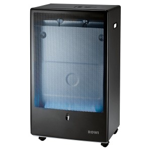Schwarzer Rowi Gas Heizofen Blue Flame 4,2 kW mit blauer Flamme hinter Gitter.