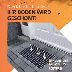 Anthrazit Fußmatte mit Alu-Rahmen vor einer Haustür. Sauberlaufmatte für Innen & Außen.