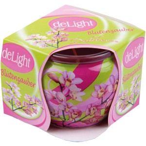 HS Candle Duftkerze Blütenzauber im Glas mit Blumenmuster und Verpackung.