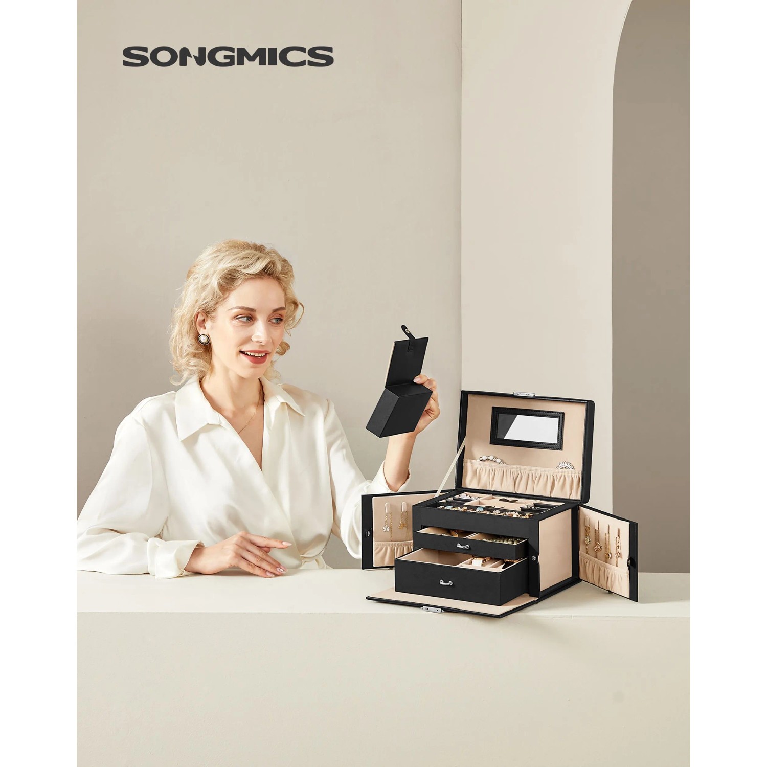Songmics Schmuckkästchen Bridie, schwarz-beige, mit 2 Schubladen und Mini-Box. Stilvolle Schmuckaufbewahrung.