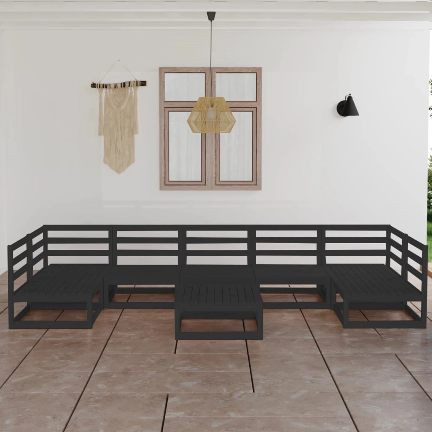 Schwarzes 8-tlg. vidaXL Garten-Lounge-Set aus Kiefernholz mit Tisch und Sofas.