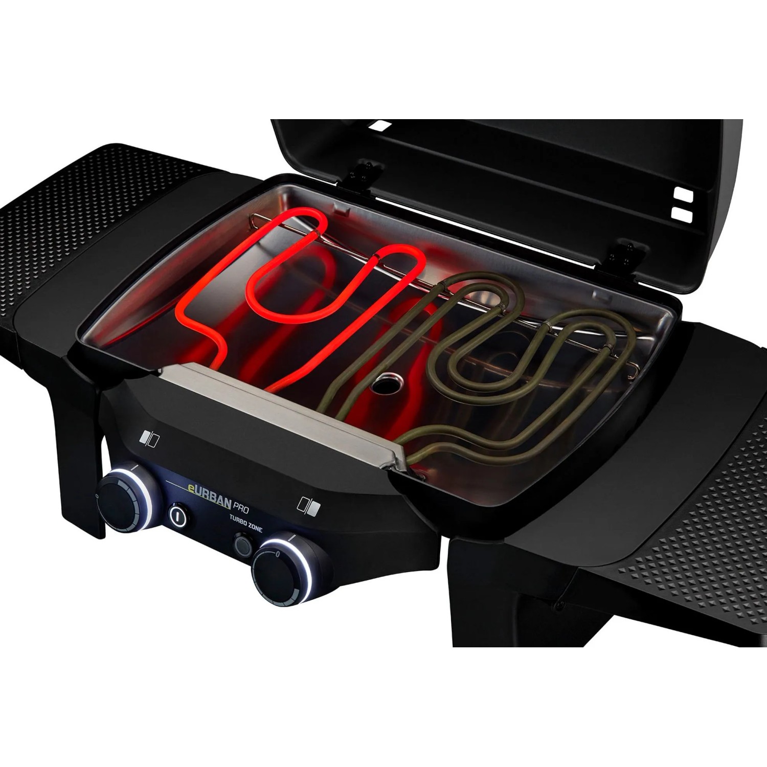 Enders Elektrogrill eUrban Pro 2 Turbo Mobil mit geöffnetem Deckel und sichtbaren Heizelementen.