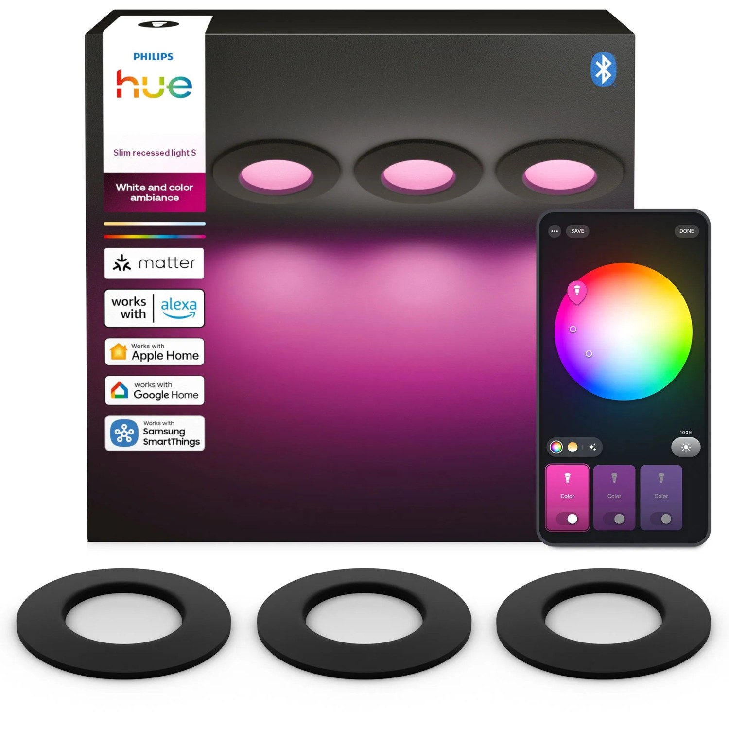 Philips Hue LED-Einbauleuchte Slim White & Color Ambiance Ø 9 cm Schwarz 3 Stück