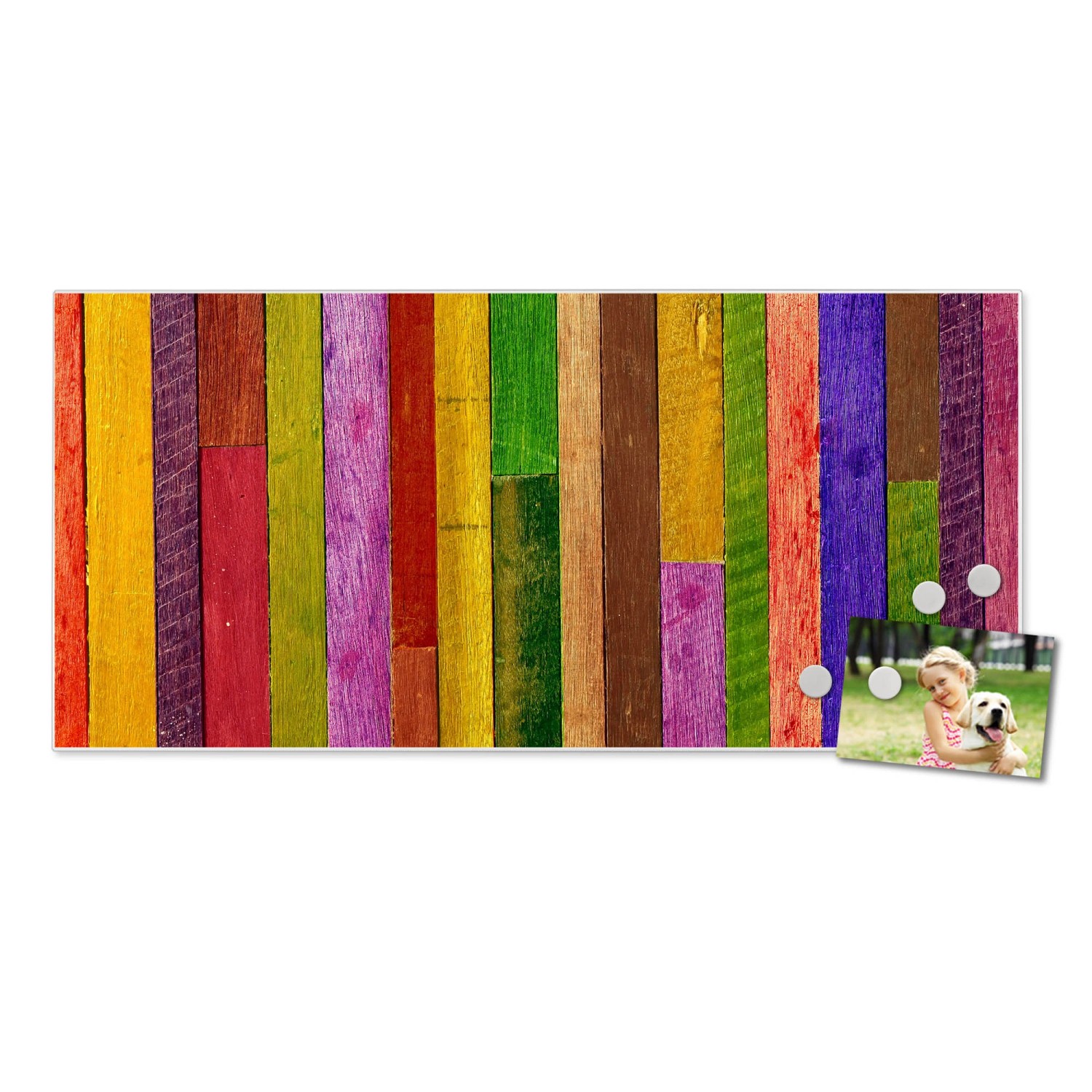 Banjado Magnettafel 78x37cm mit buntem Holz Collage Motiv und Foto.