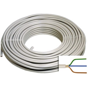 Emskabel Feuchtraumleitung NYM-J 3x2,5 mm² gerollt, mit Detailansicht der Innenleiter.