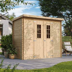 Timbela Holz-Gartenhaus M310C, beige-braun, 2,63 m², mit Doppeltür und Fenster.