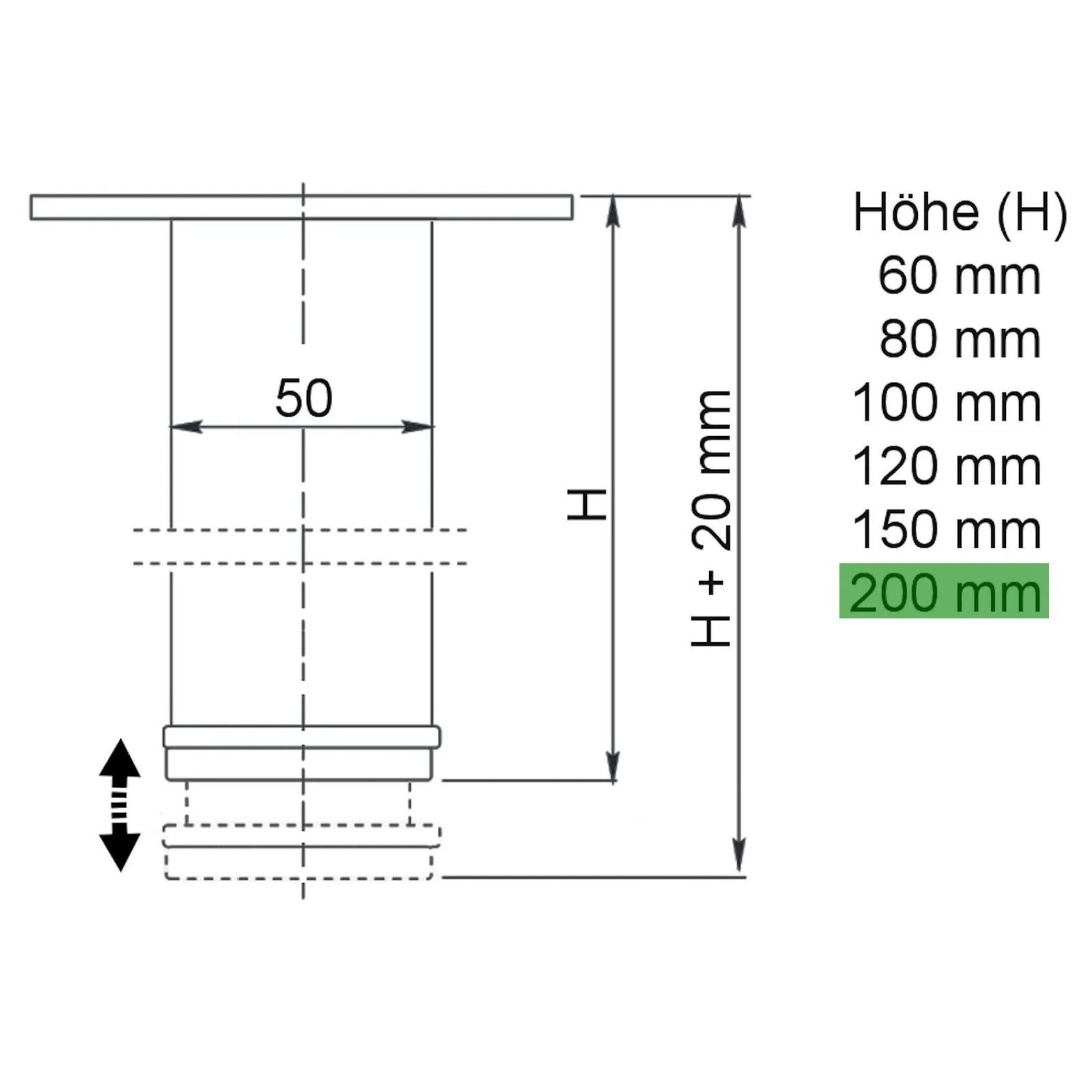 Techn. Zeichnung SOTECH Möbelfuß JIM Edelstahl gebürstet, Ø50 mm, 200 mm Höhe, höhenverstellbar.