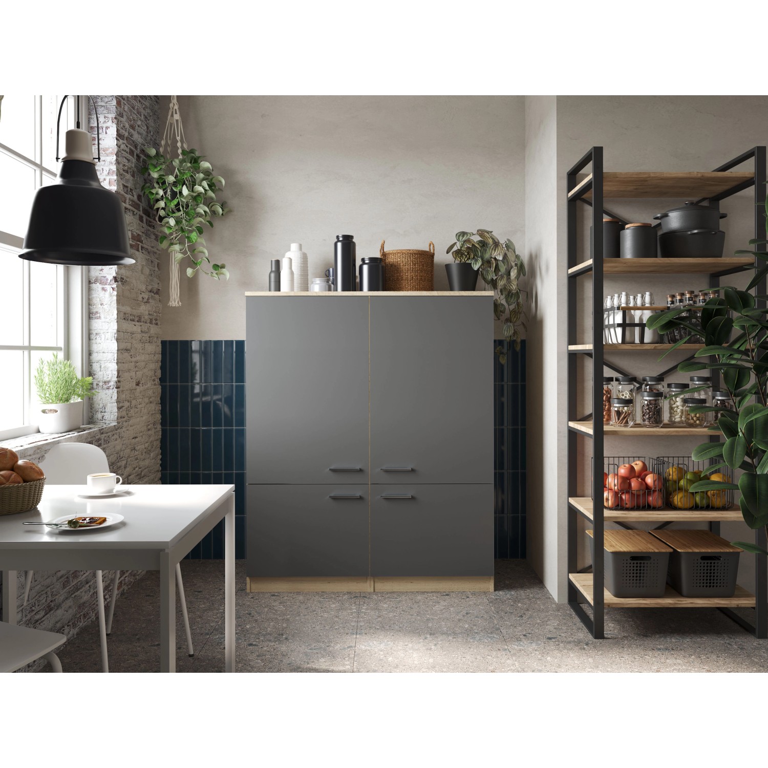 Respekta Küchenmöbel-Set Merle 11, 120 cm, Grau, mit zwei Hochschränken und Arbeitsplattenabdeckung.