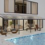 Graue Palram Canopia Terrassenüberdachung (924x295cm) am Pool. Ideal als Wetterschutz für die Terrasse.