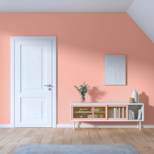 Wohnraum mit Wandfarbe in Ole Quarzrosa von CREATE! by OBI, matt. Tür, Sideboard und Deko im Raum.