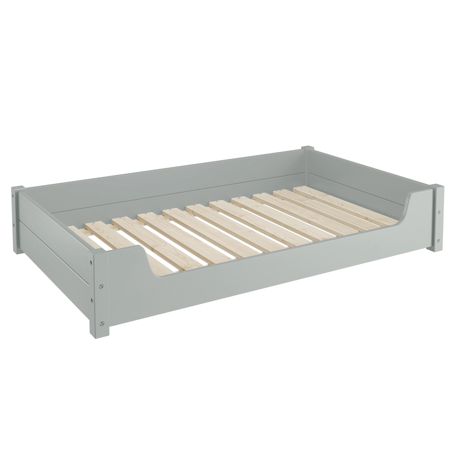 Graues Hunde- bzw. Haustierbett aus Kiefernholz mit Rollrost, 120x70 cm.