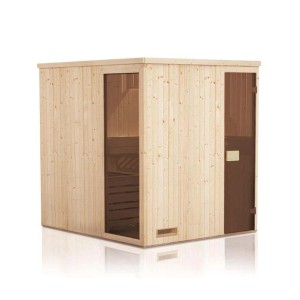 Finntherm Sauna Miranda aus Naturholz, 244x194 cm, mit Glastür. Ideal für entspannende Saunagänge.