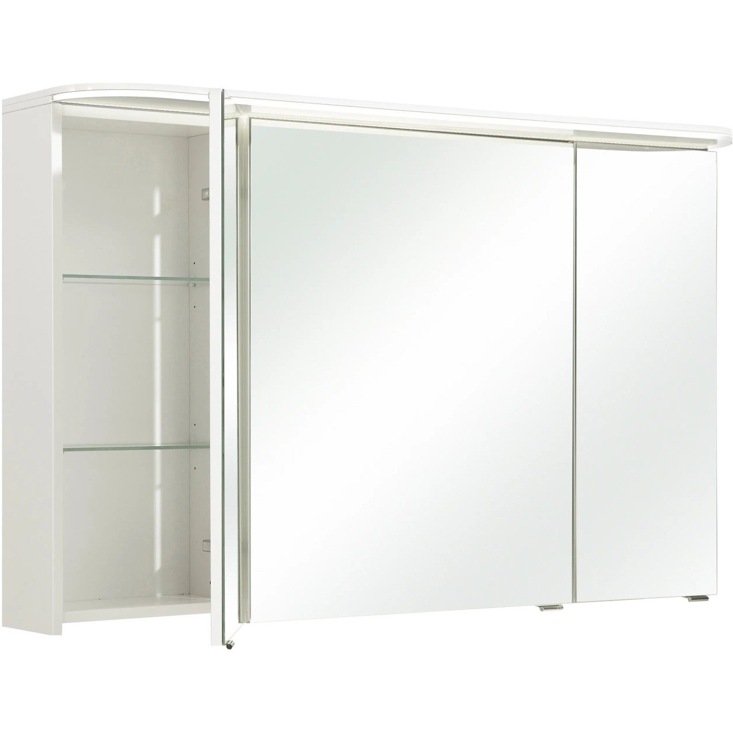 Pelipal Quantum Spiegelschrank, 120cm, Weiß Hochglanz, mit geöffneter Tür und Einlegeböden.