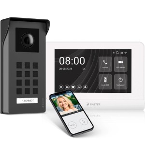 Balter Entri M Video Türklingel Komplettset: schwarze Türstation, weißer 7 Zoll Monitor, App mit Livebild für Einfamilienhaus.