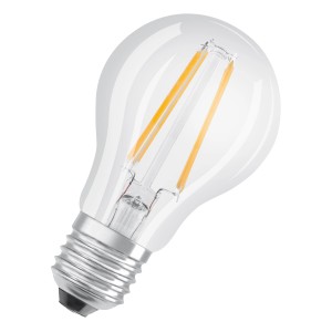 Osram E27 LED-Lampe, Glühlampenform, 6,5 W, 5er Set. Klares Glas, warmweißes Licht.