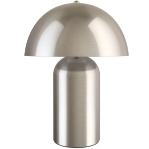 Silberne Akku-Tischlampe im Retro-Pilzdesign der 70er Jahre aus gebürstetem Stahl. Indirektes Licht.