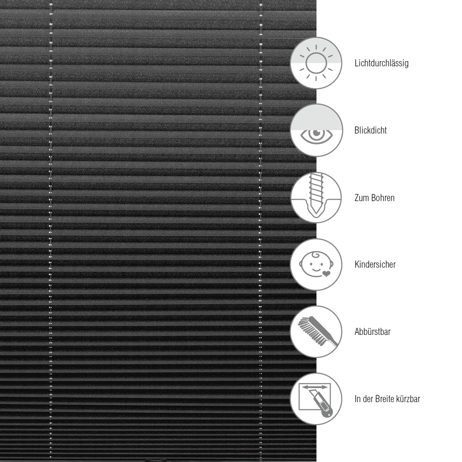 Schwarzes Gardinia Plissee Concept Tageslicht, 40x130 cm, mit Symbolen für Eigenschaften.