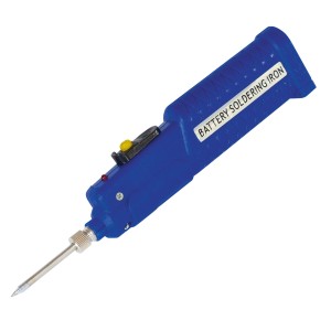 Blauer, mobiler Blanko Lötkolben mit Batteriebetrieb und silberner Lötspitze.