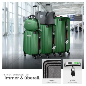 Grünes Tectake Hartschalenkoffer Set Cleo mit 3 Trolleys, Beautycase, Reisetasche & Kofferwaage im Flughafen. Robustes Reisegepäck.