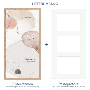 Galerierahmen Eiche-Optik 30x60 cm für 3 Fotos 15x20 cm mit Passepartout.