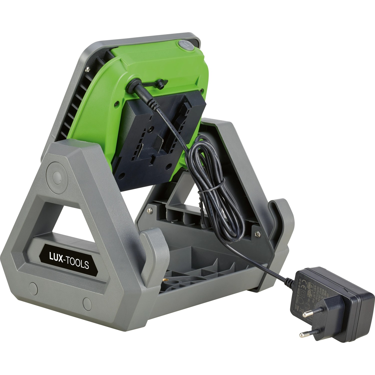 LUX Akku-Arbeitsleuchte 1PowerSystem A-AL-20 Solo mit Netzteil und grau-grünem Gehäuse.
