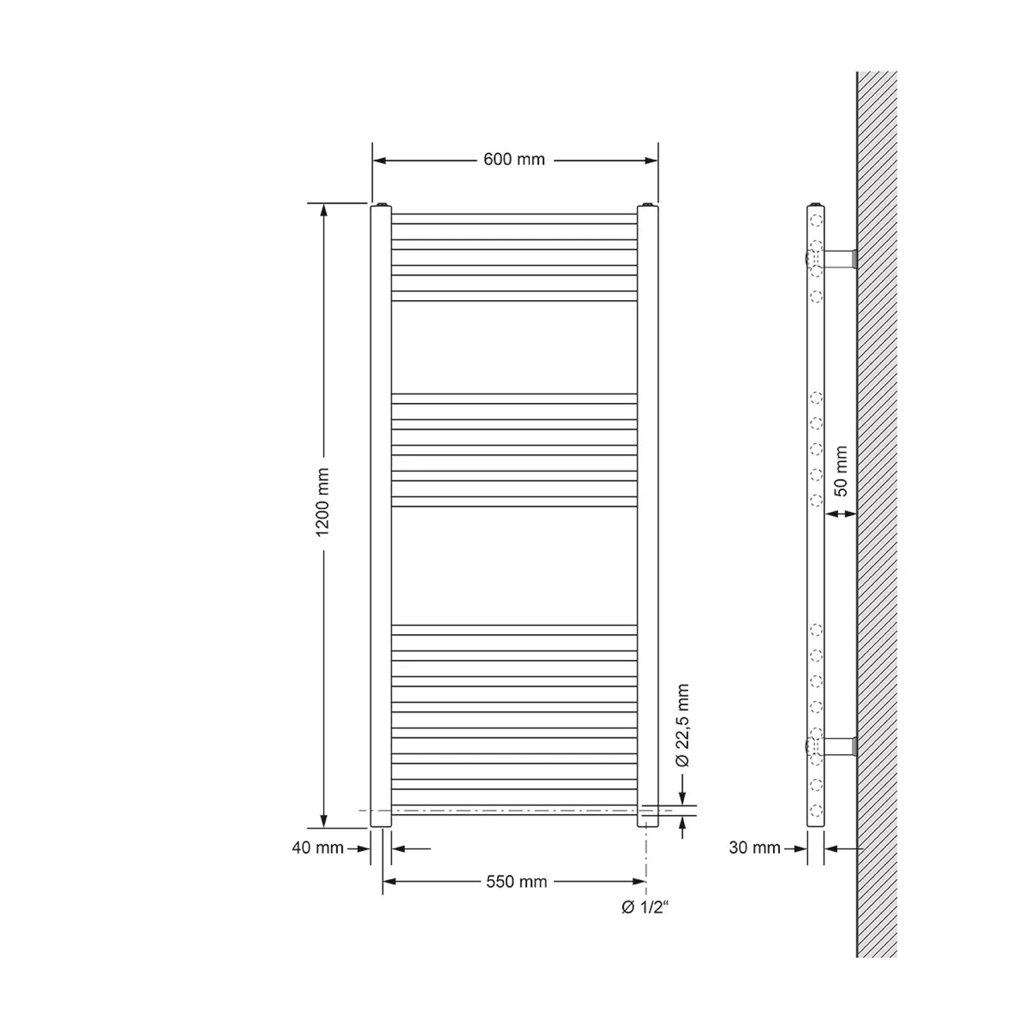 Skizze eines weißen LuxeBath Badheizkörpers (600x1200 mm) mit Seitenanschluss und Maßangaben.