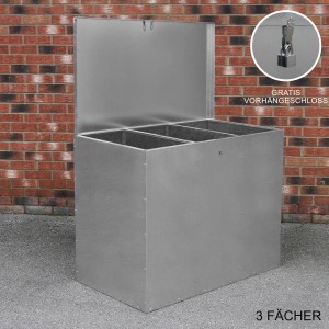 Monstershop Futterbehälter verzinkt mit 3 Fächern und Deckel, ideal zur Lagerung von Tierfutter im Garten.