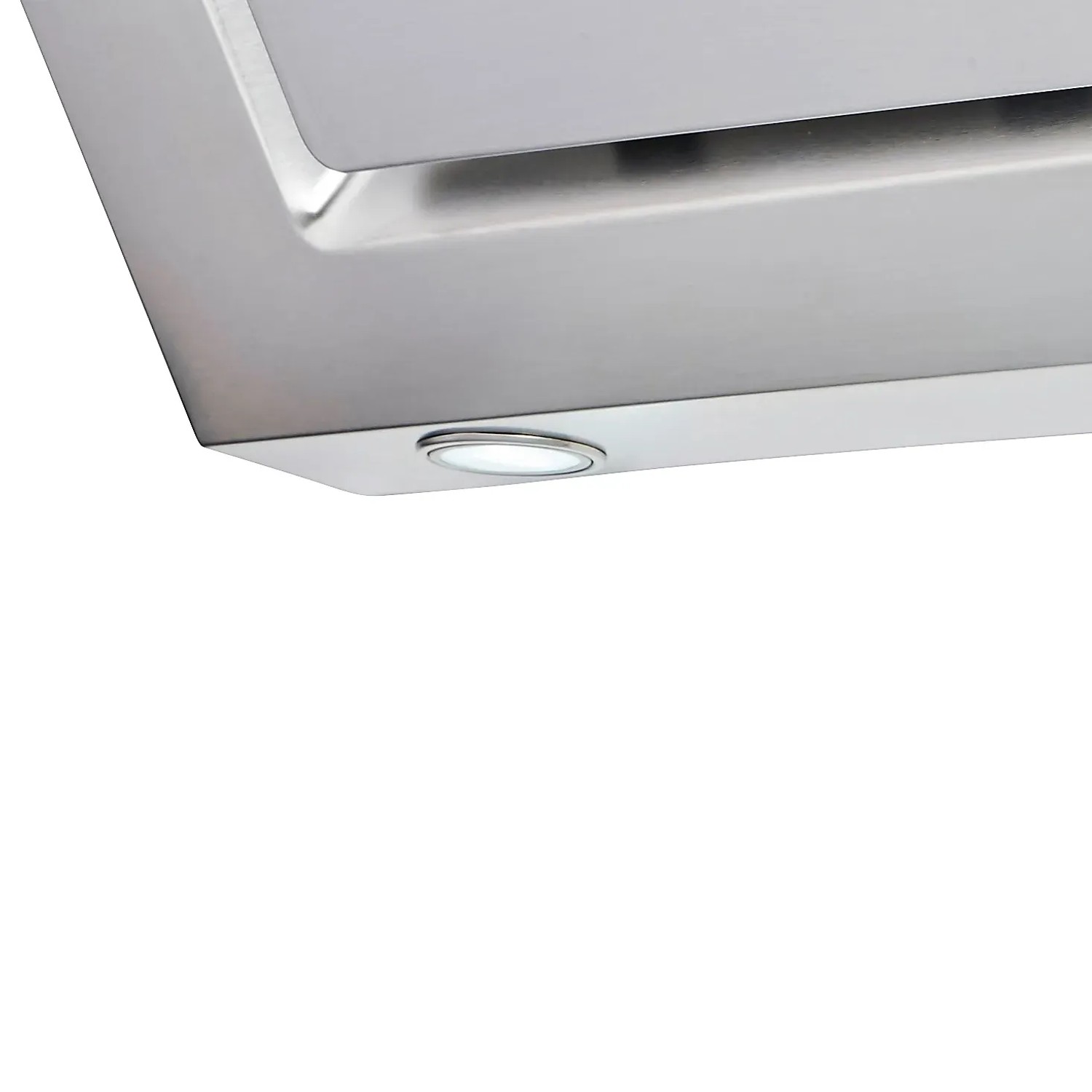 Detailaufnahme der Edelstahl-Dunstabzugshaube mit LED-Beleuchtung der Küchenzeile Florida.