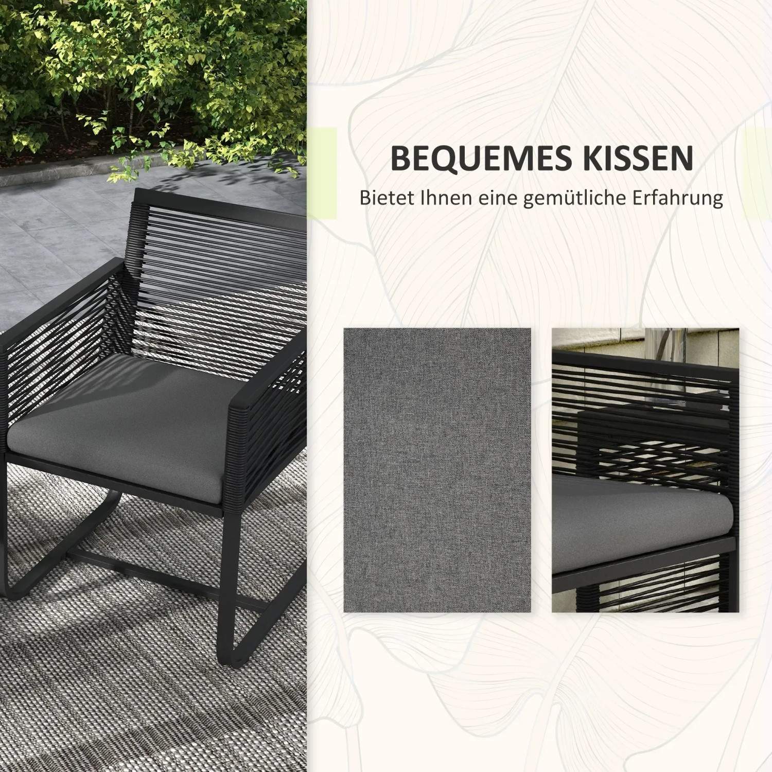 Outsunny Rattan Gartenmöbel-Set, schwarzer Rattansessel mit grauem Sitzkissen.