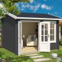Carbongraues Lasita Maja Gartenhaus Alex mit geöffneten Doppeltüren und Inneneinrichtung im Garten.