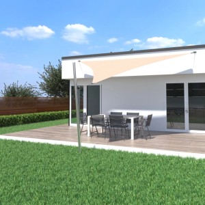 Sandfarbenes Toldoro Sonnensegel Komplettset (6x6x6m) mit Mast und Befestigung über einer Terrasse.