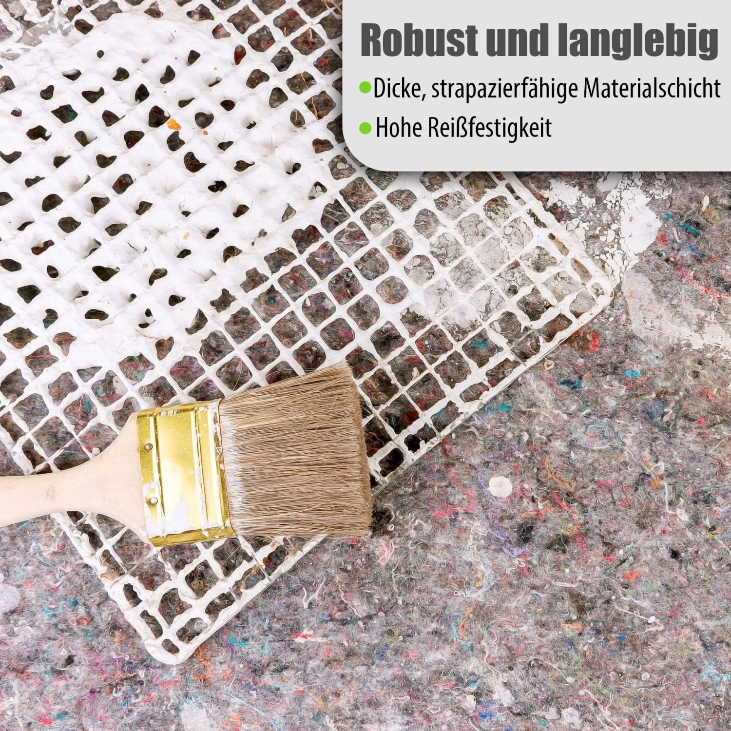Robustes Malervlies mit rutschfester Unterseite und Pinsel. Schützt Böden zuverlässig vor Farbe und Flecken.