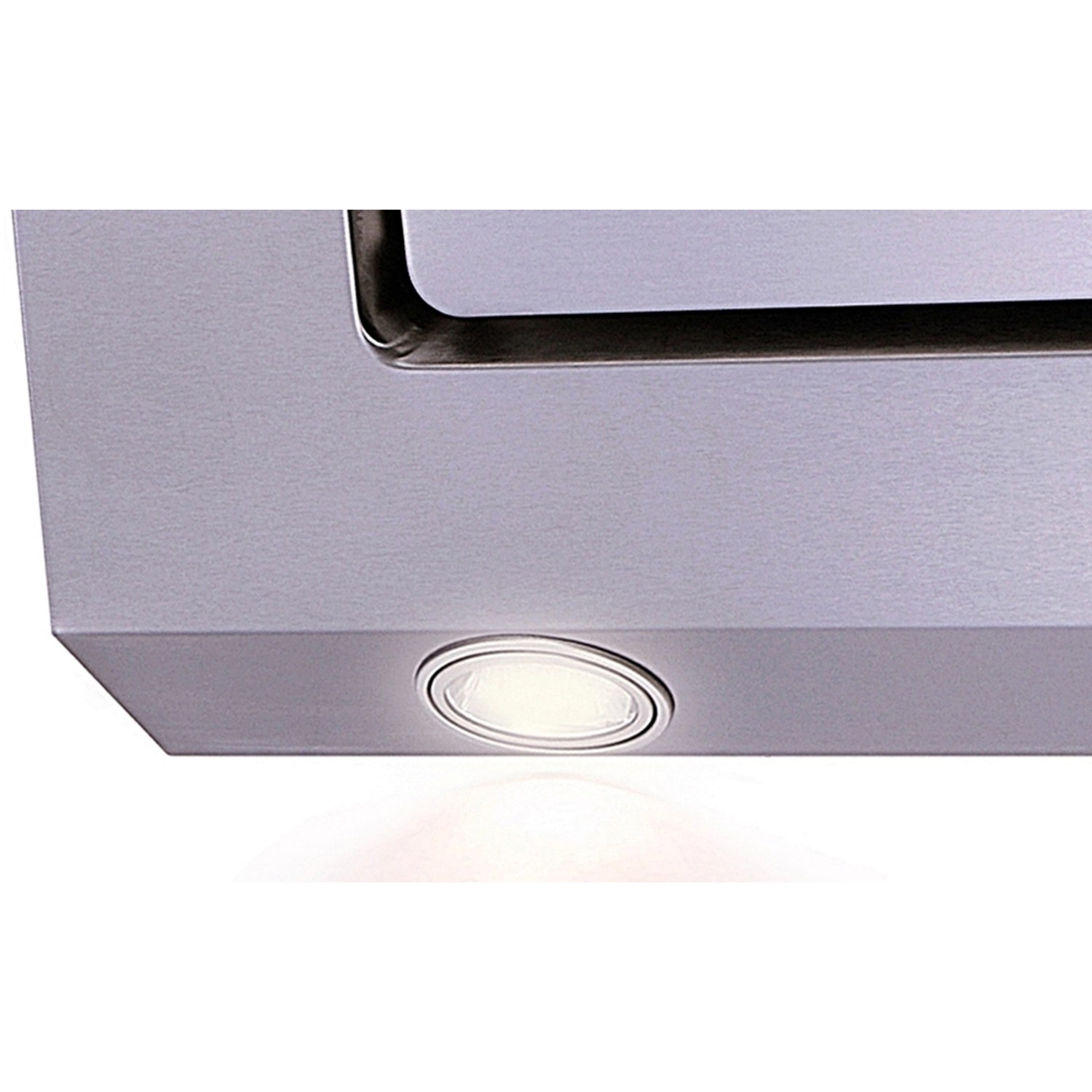 Detailaufnahme der Edelstahl-Dunstabzugshaube mit LED-Beleuchtung für die Flex-Well Vintea Küchenzeile.