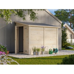 Unbehandeltes Palmako Mia Holz-Gartenhaus mit Pultdach, Tür geöffnet, im Garten.