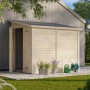 Unbehandeltes Palmako Mia Holz-Gartenhaus mit Pultdach, Tür geöffnet, im Garten.