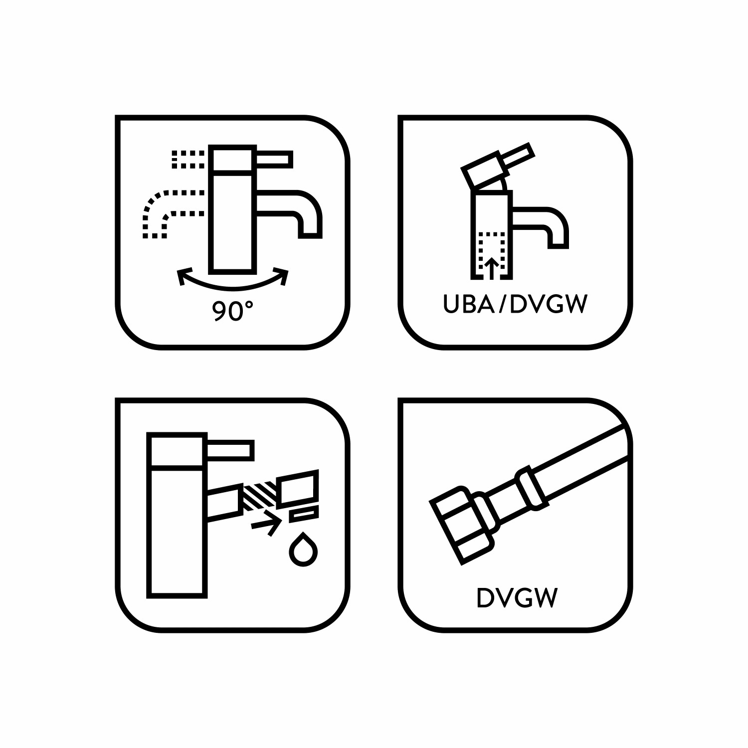 Icons zur baliv Küchenarmatur KI-5091: 90° Schwenkbereich, UBA/DVGW-Zertifizierung, Strahlregler, DVGW-Schlauch.
