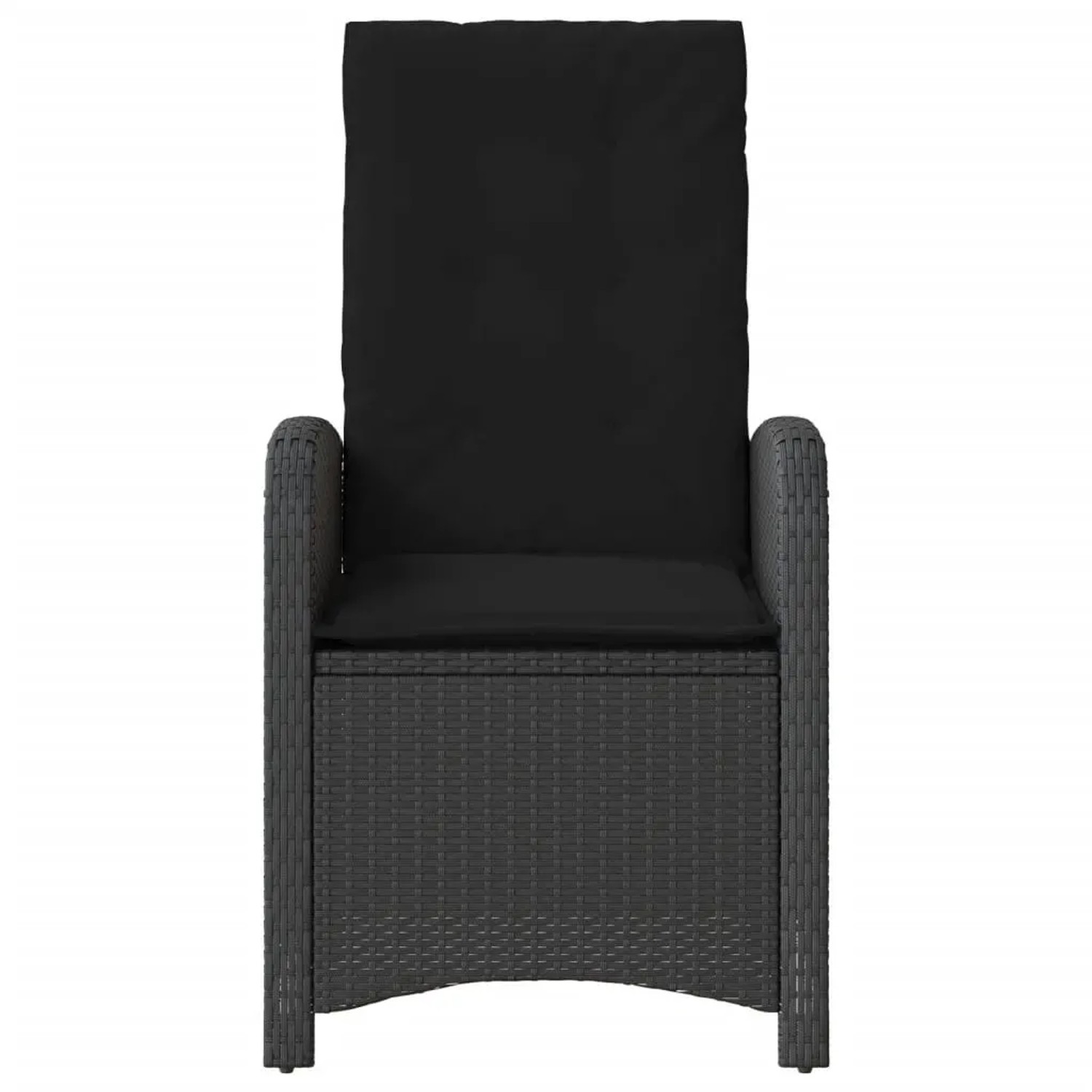 Verstellbarer Gartensessel aus Stahl mit Poly Rattan in Schwarz, inklusive Kissen.