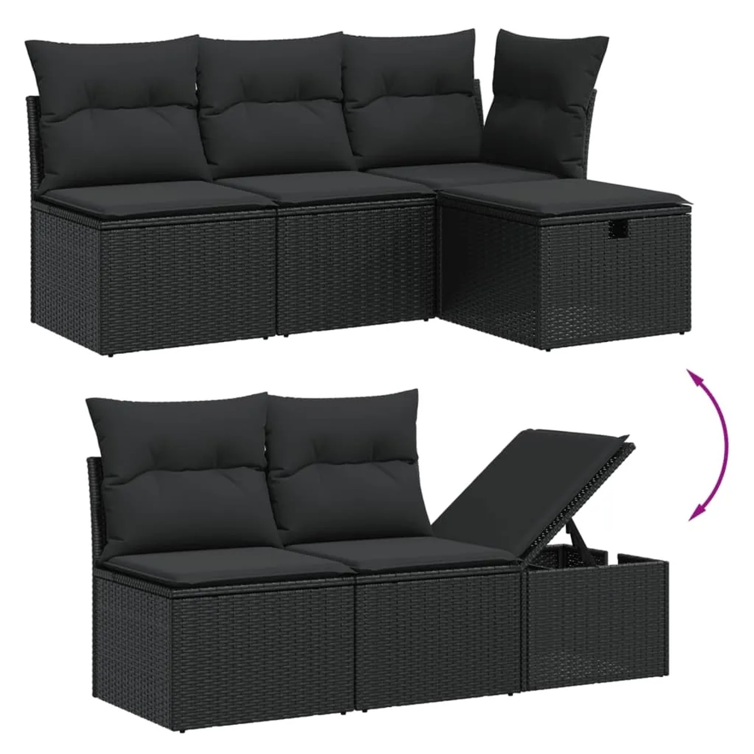 Schwarze 6-tlg. vidaXL Garten-Sofagarnitur aus Poly Rattan mit Kissen.