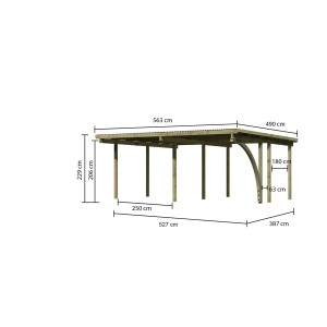 Karibu Doppelcarport Eco: Ansicht mit Maßangaben. Holzcarport mit PVC-Dachplatten.