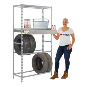 Graues PROREGAL Reifenregal Metal Shark mit Schubfach und Ablage für 12 Reifen.